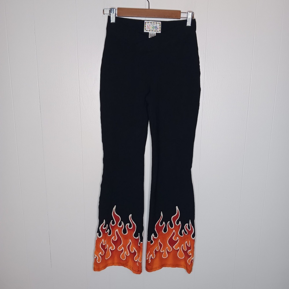 Y2K Design by Naomi Flare Pants Size 2 Black Orange Flame Grunge Goth Vamp Witch